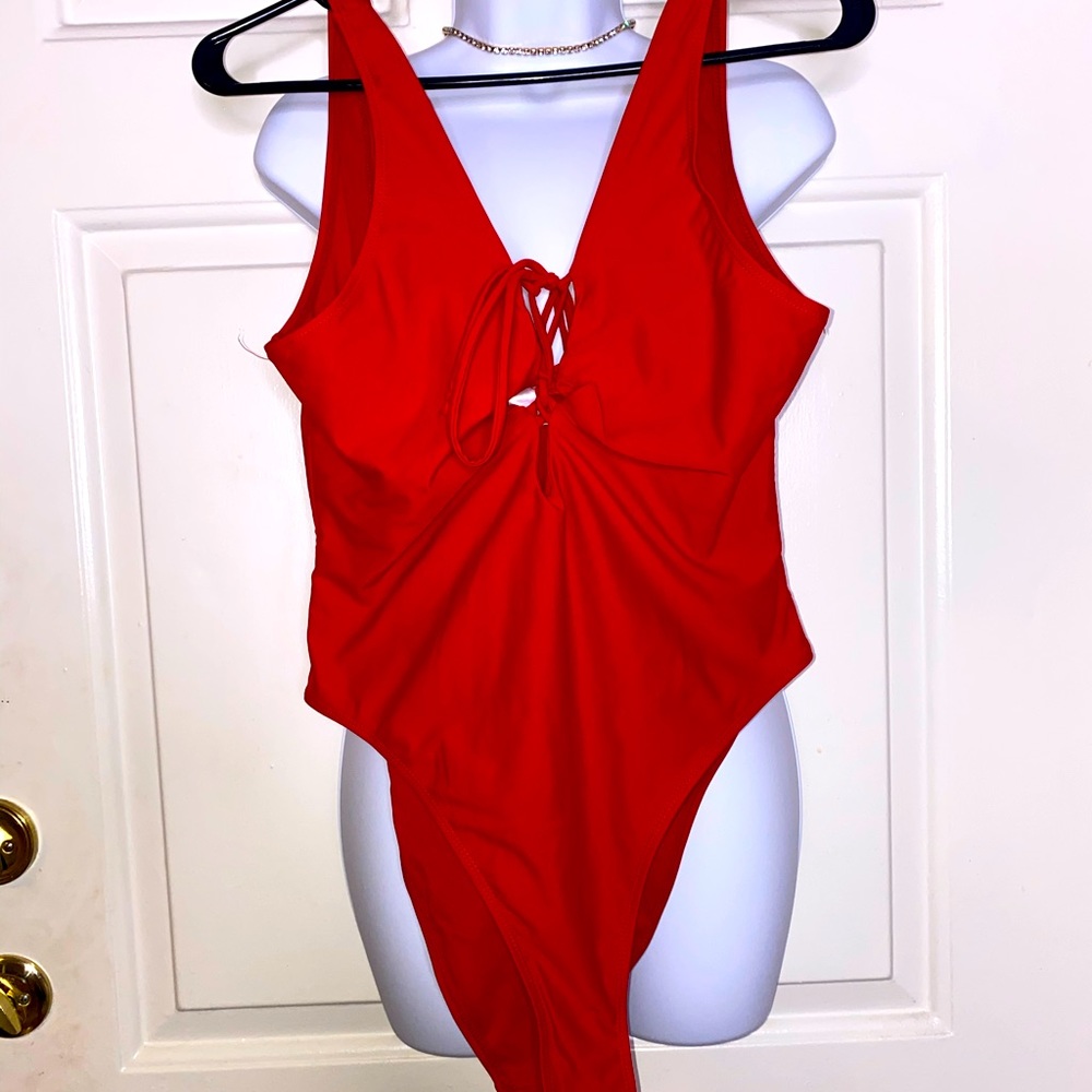 SHEKINI Plunge Cheeky Swimsuit Red Size: L